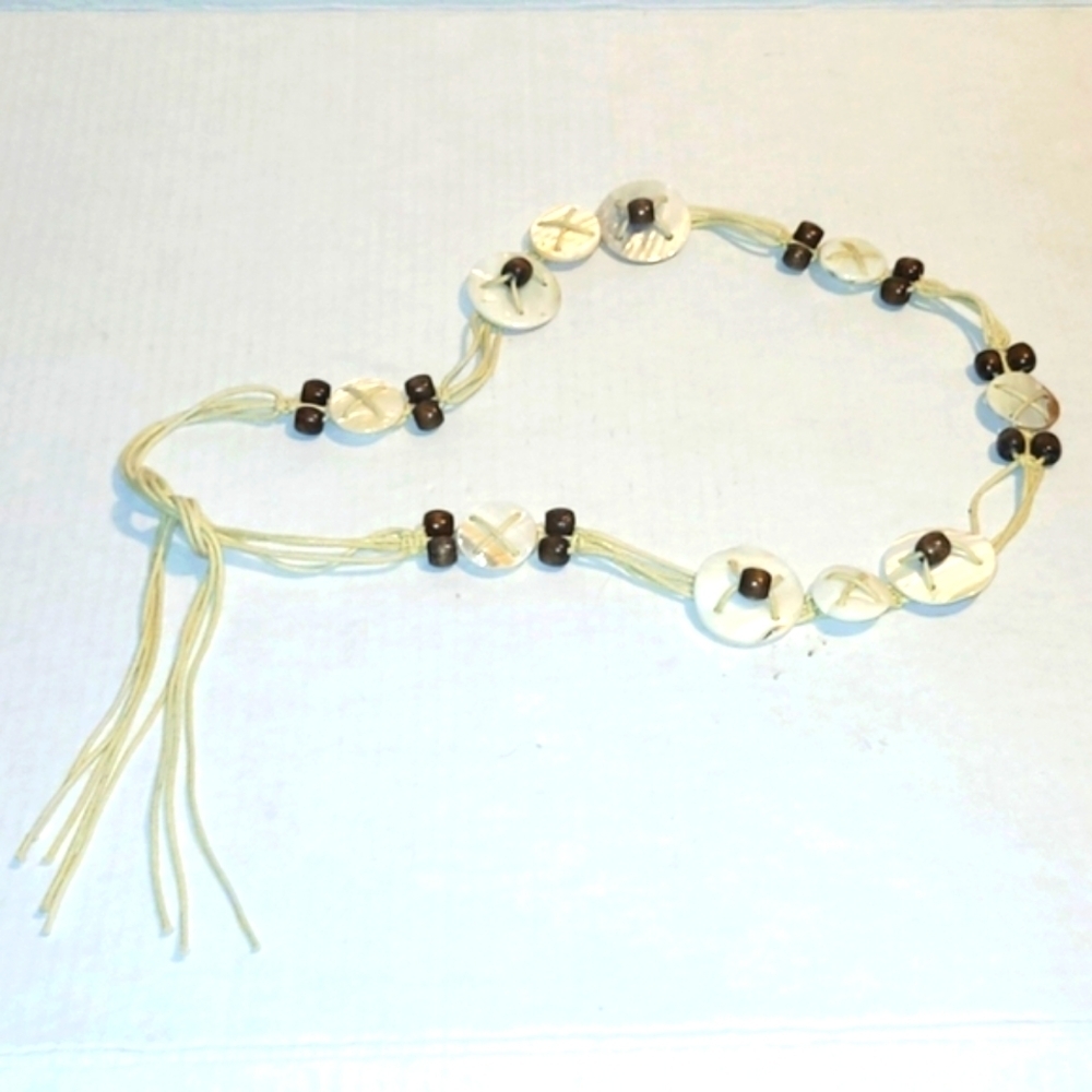 Belt Vintage white shells wood beads strung on heavy white cotton Coastal Boho